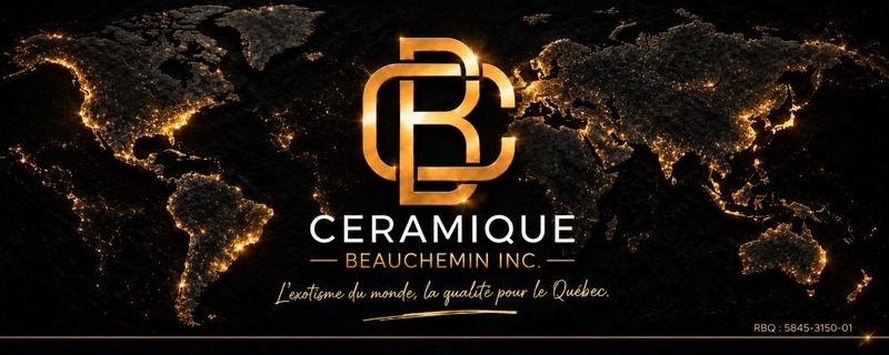 Logo officiel Céramique Beauchemin sur une carte du monde noir et or